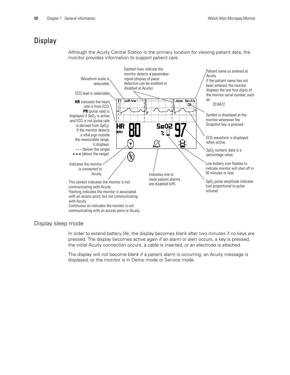 Display, Display sleep mode | Welch Allyn 408 Micropaq Monitor - User Manual User Manual | Page 16 / 82