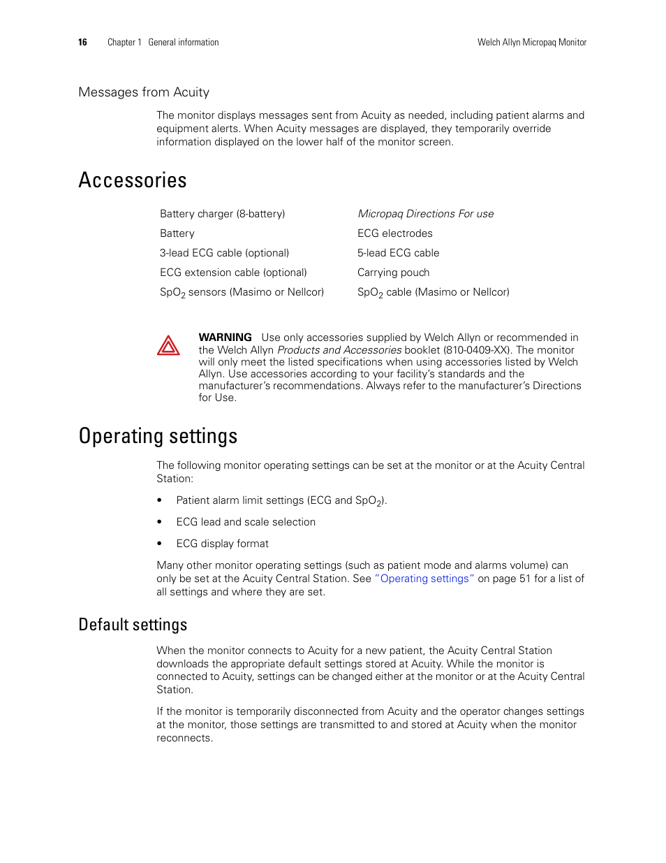 Accessories, Operating settings, Accessories operating settings | Default settings | Welch Allyn 408 Micropaq Monitor - User Manual User Manual | Page 20 / 82
