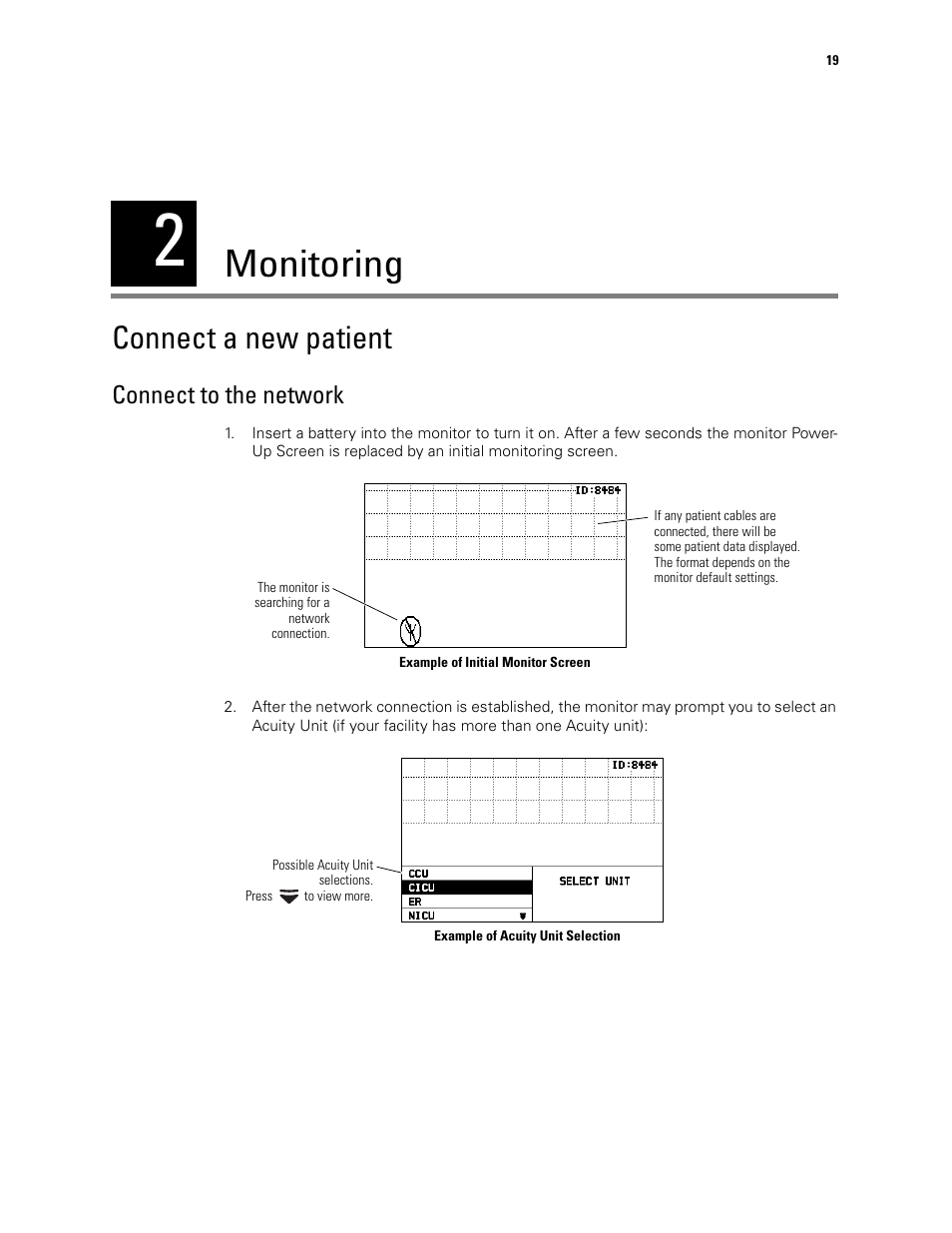 Monitoring, Connect a new patient, 2 - monitoring | Connect to the network | Welch Allyn 408 Micropaq Monitor - User Manual User Manual | Page 23 / 82
