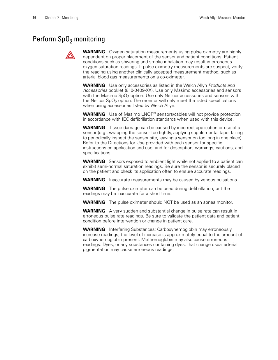 Perform spo, Monitoring | Welch Allyn 408 Micropaq Monitor - User Manual User Manual | Page 30 / 82