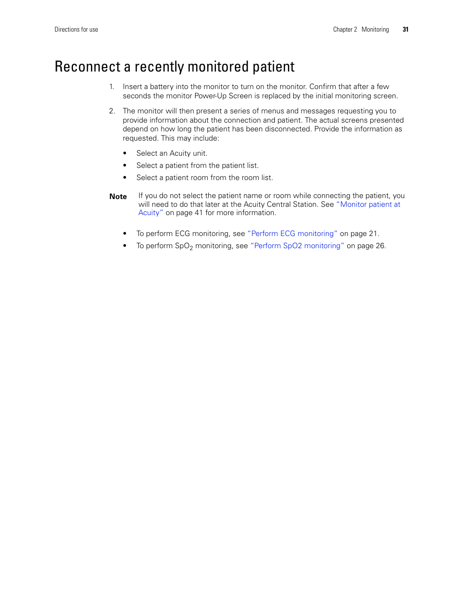 Reconnect a recently monitored patient | Welch Allyn 408 Micropaq Monitor - User Manual User Manual | Page 35 / 82