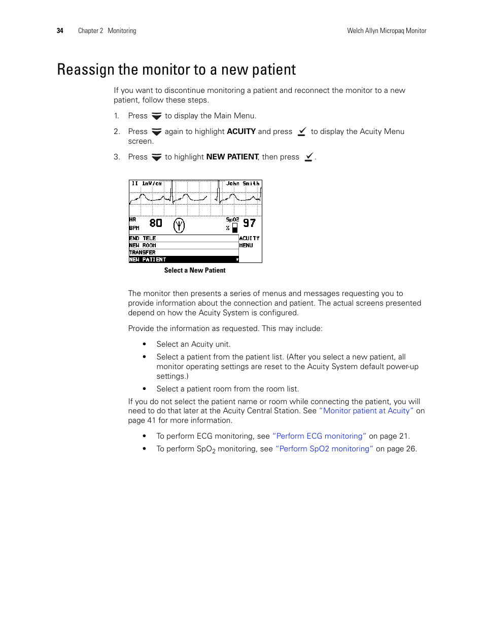 Reassign the monitor to a new patient | Welch Allyn 408 Micropaq Monitor - User Manual User Manual | Page 38 / 82