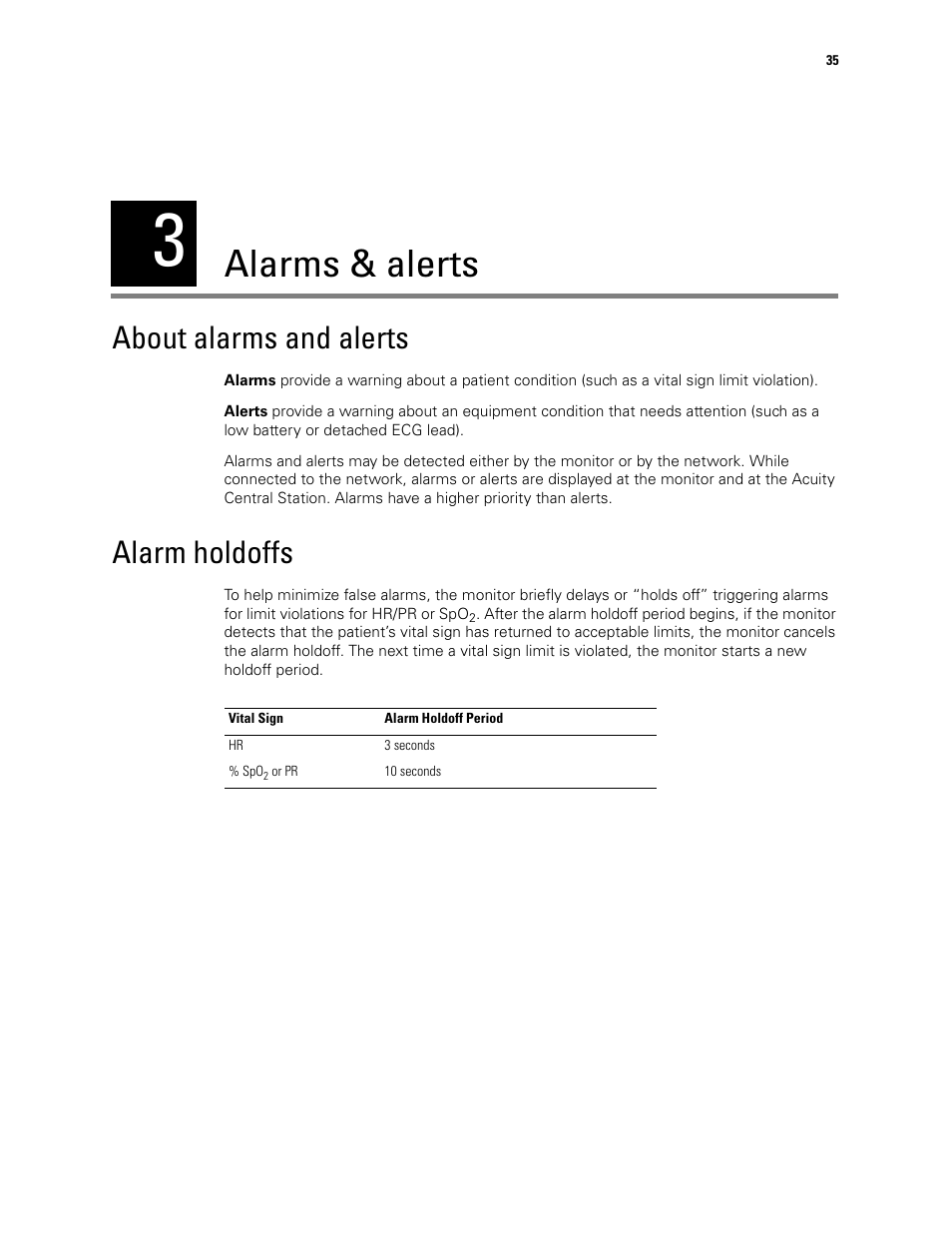 Alarms & alerts, About alarms and alerts, Alarm holdoffs | 3 - alarms & alerts, About alarms and alerts alarm holdoffs | Welch Allyn 408 Micropaq Monitor - User Manual User Manual | Page 39 / 82