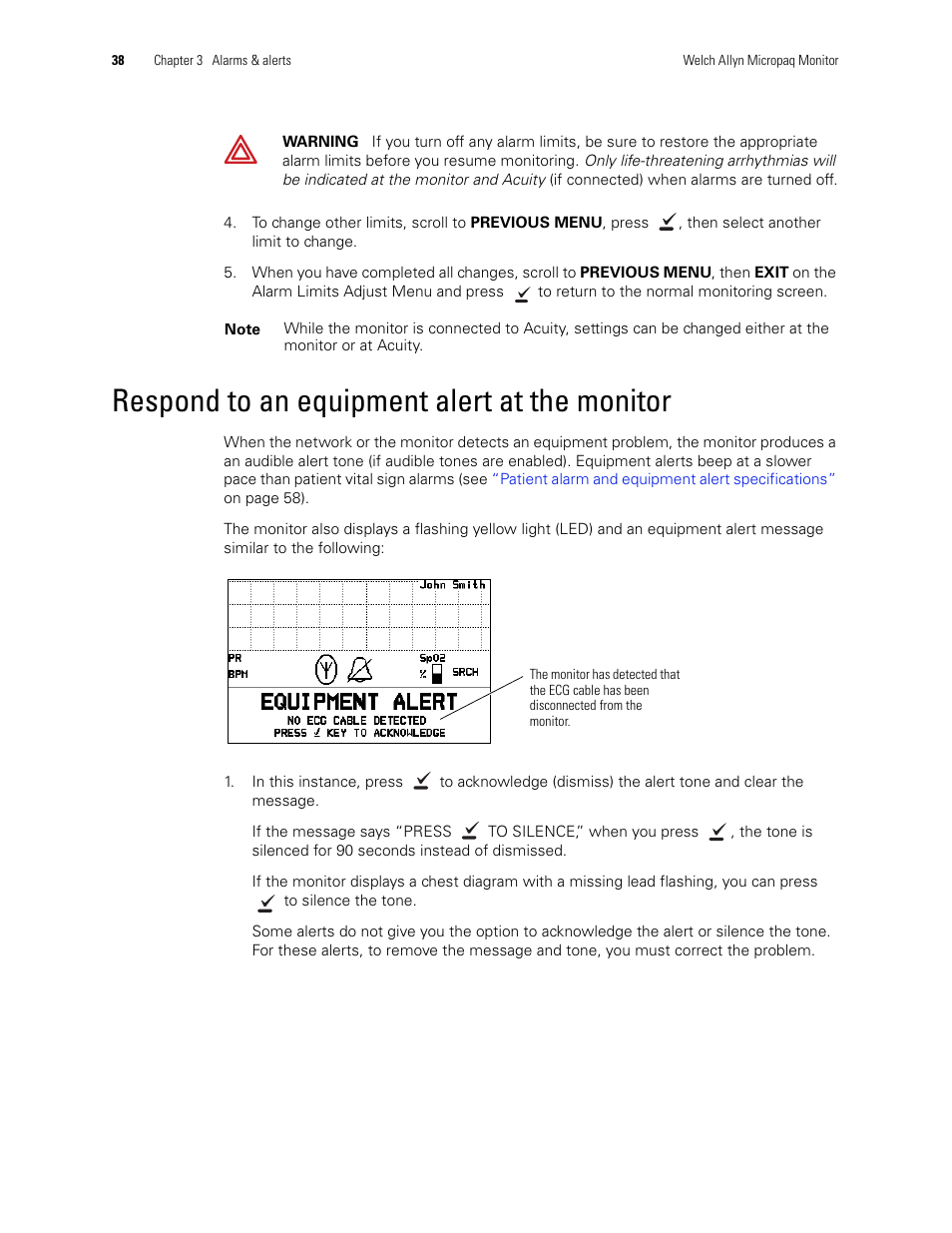Respond to an equipment alert at the monitor | Welch Allyn 408 Micropaq Monitor - User Manual User Manual | Page 42 / 82