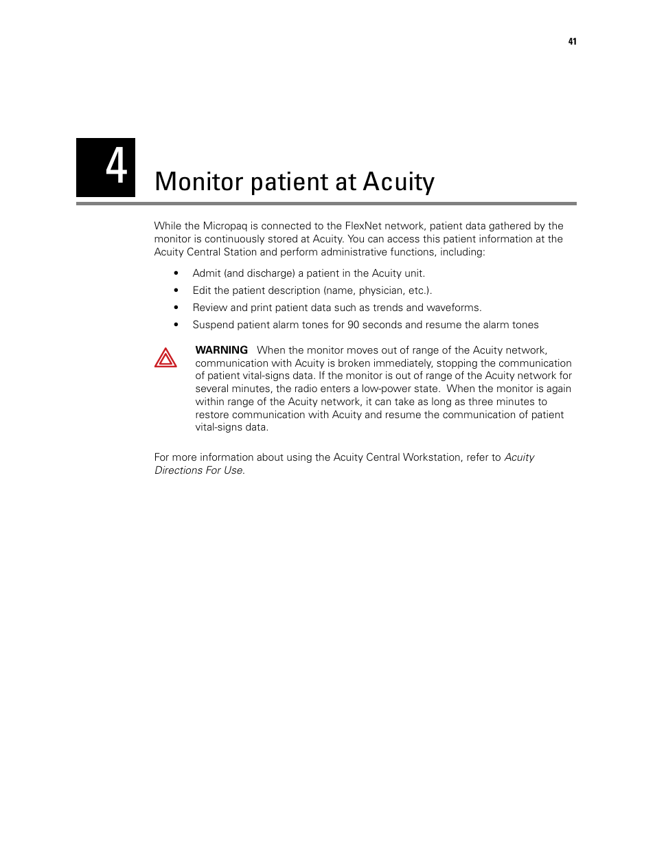 Monitor patient at acuity, 4 - monitor patient at acuity, Ation. see | Monitor patient at, Acuity | Welch Allyn 408 Micropaq Monitor - User Manual User Manual | Page 45 / 82
