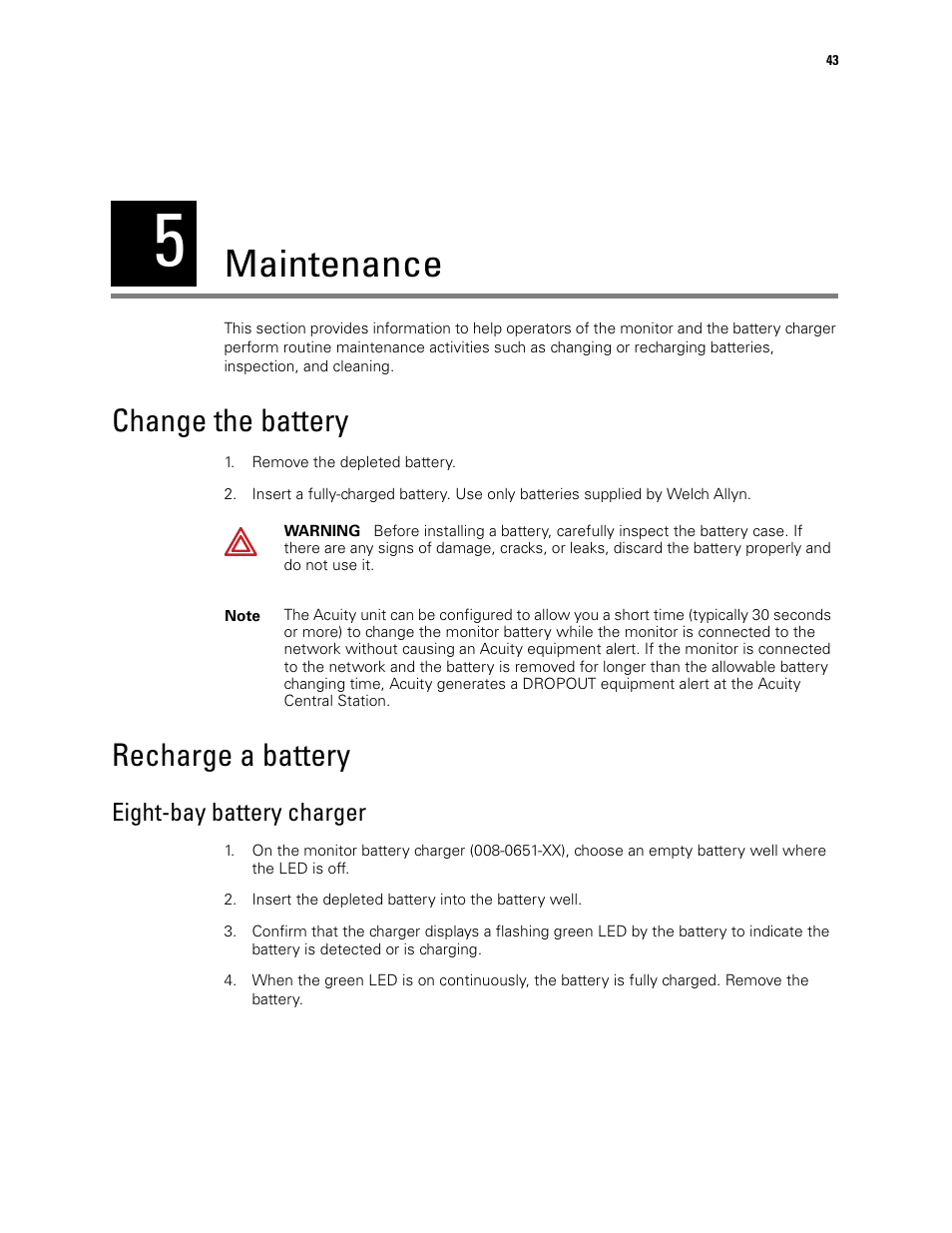 Maintenance, Change the battery, Recharge a battery | 5 - maintenance, Change the battery recharge a battery, Eight-bay battery charger | Welch Allyn 408 Micropaq Monitor - User Manual User Manual | Page 47 / 82
