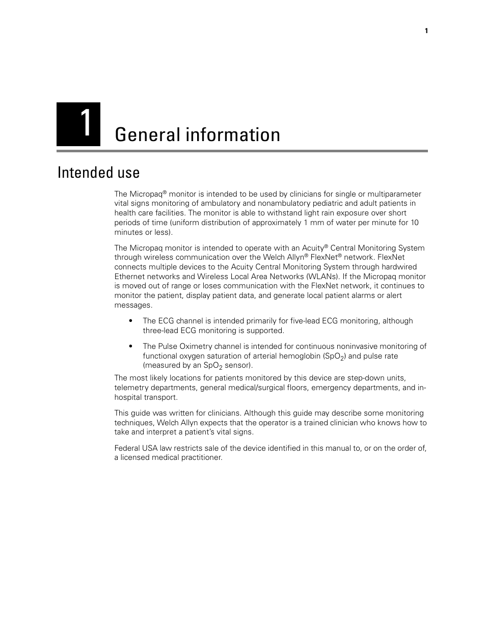 General information, Intended use, 1 - general information | Welch Allyn 408 Micropaq Monitor - User Manual User Manual | Page 5 / 82