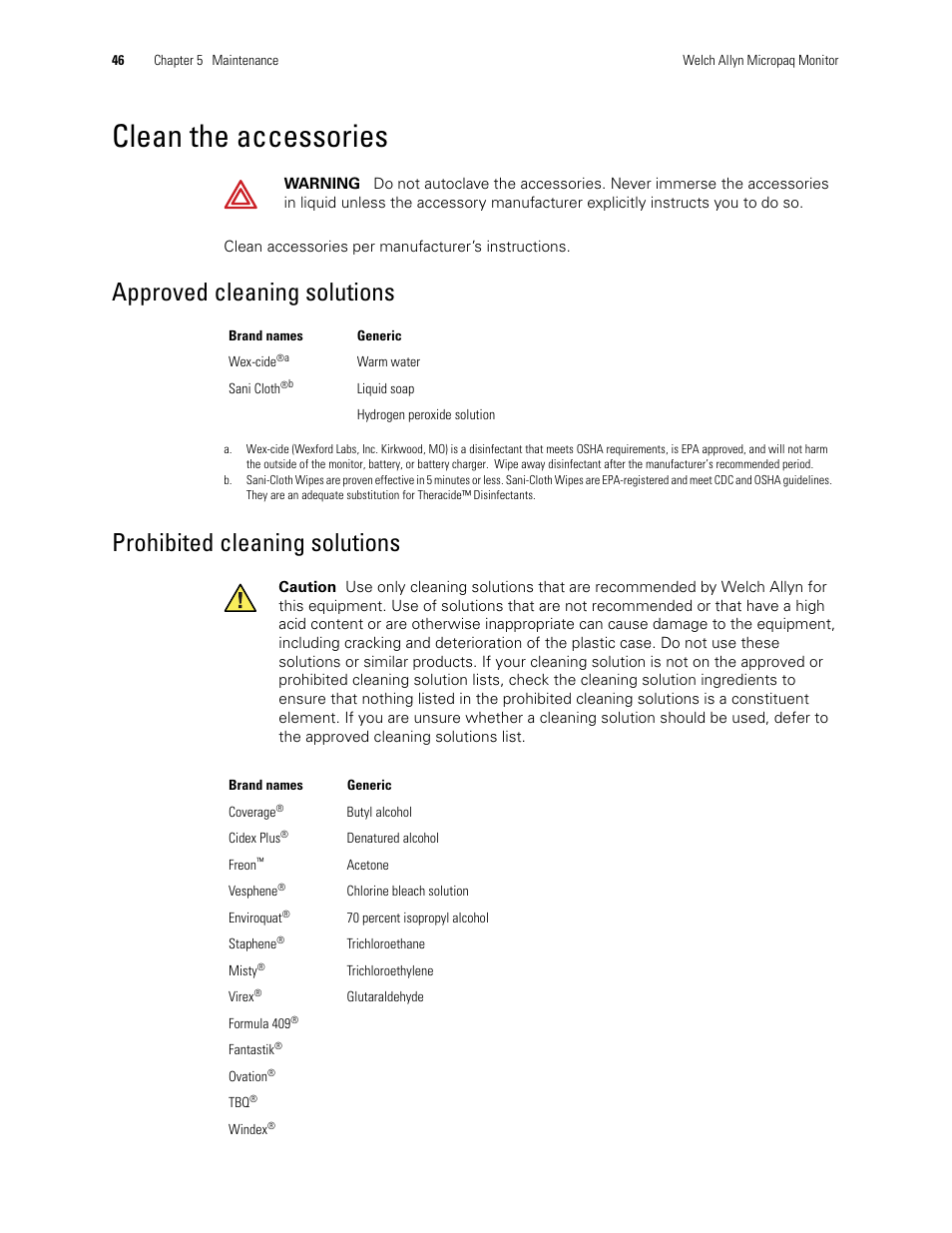 Clean the accessories, Approved cleaning solutions, Listed in | Prohibited cleaning, Solutions | Welch Allyn 408 Micropaq Monitor - User Manual User Manual | Page 50 / 82