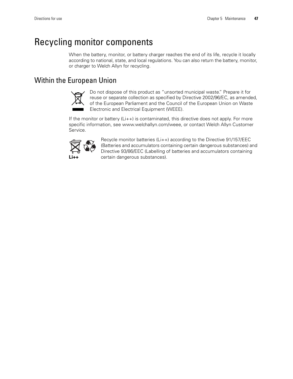 Recycling monitor components, Within the european union | Welch Allyn 408 Micropaq Monitor - User Manual User Manual | Page 51 / 82