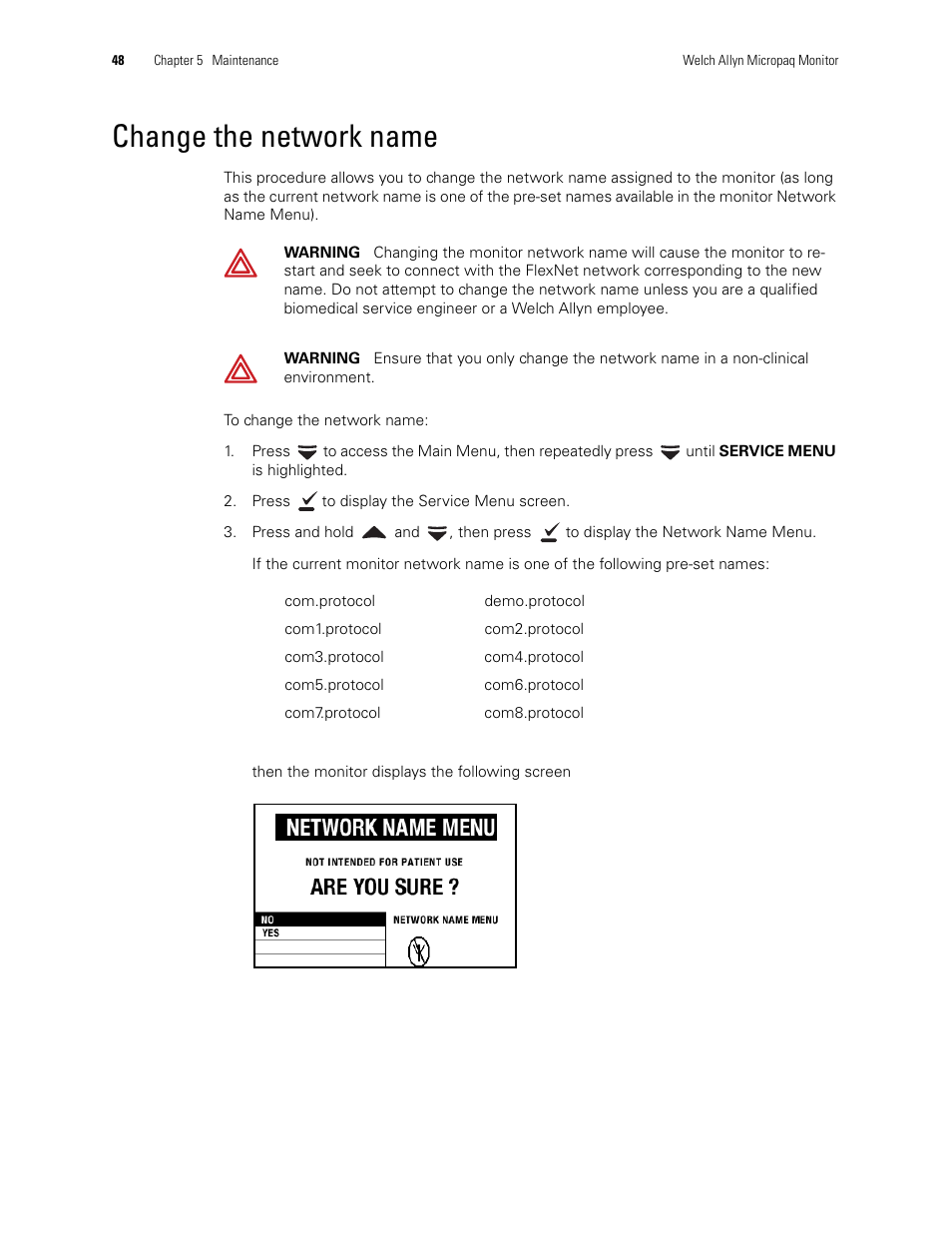 Change the network name | Welch Allyn 408 Micropaq Monitor - User Manual User Manual | Page 52 / 82