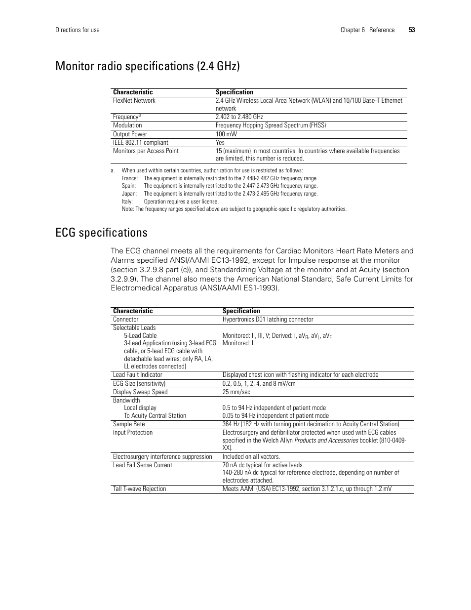 Ecg specifications | Welch Allyn 408 Micropaq Monitor - User Manual User Manual | Page 57 / 82