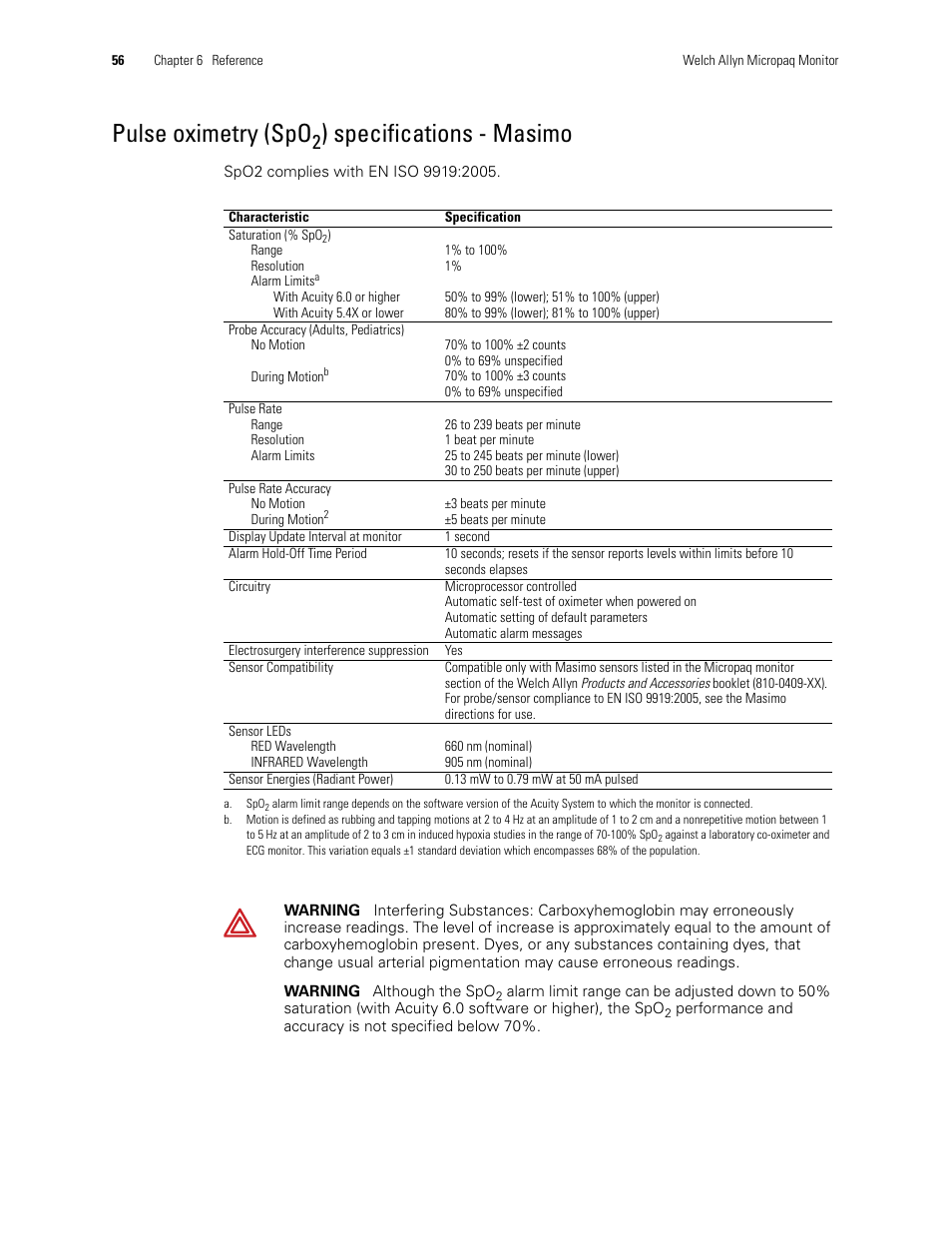 Pulse oximetry (spo, Specifications - masimo | Welch Allyn 408 Micropaq Monitor - User Manual User Manual | Page 60 / 82