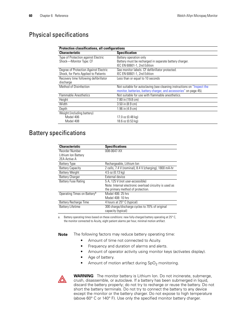 Physical specifications battery specifications | Welch Allyn 408 Micropaq Monitor - User Manual User Manual | Page 64 / 82