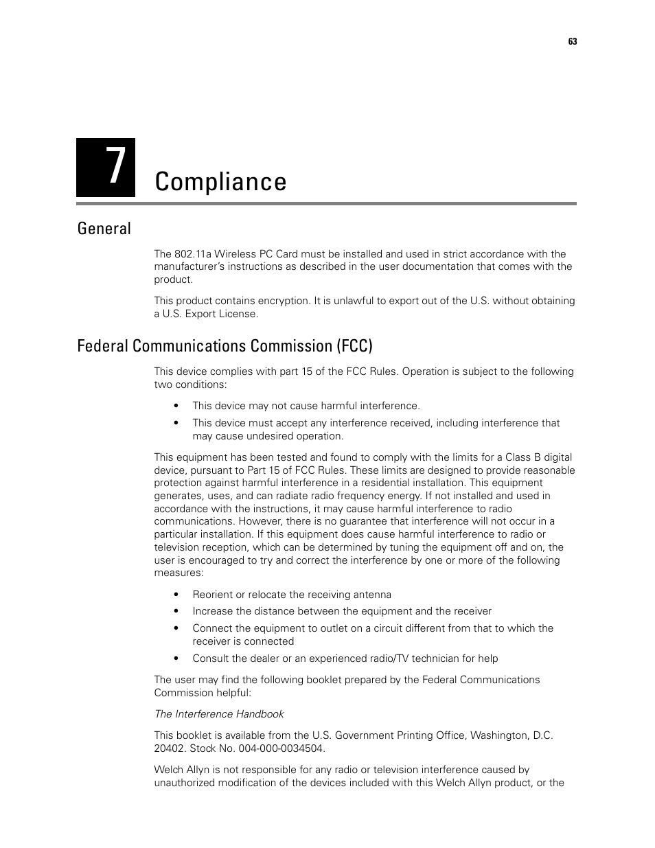 Compliance, 7 - compliance, General | Federal communications commission (fcc) | Welch Allyn 408 Micropaq Monitor - User Manual User Manual | Page 67 / 82