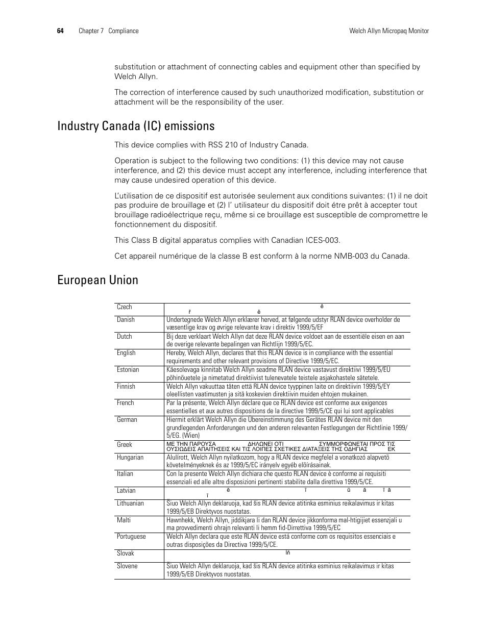 Industry canada (ic) emissions, European union | Welch Allyn 408 Micropaq Monitor - User Manual User Manual | Page 68 / 82