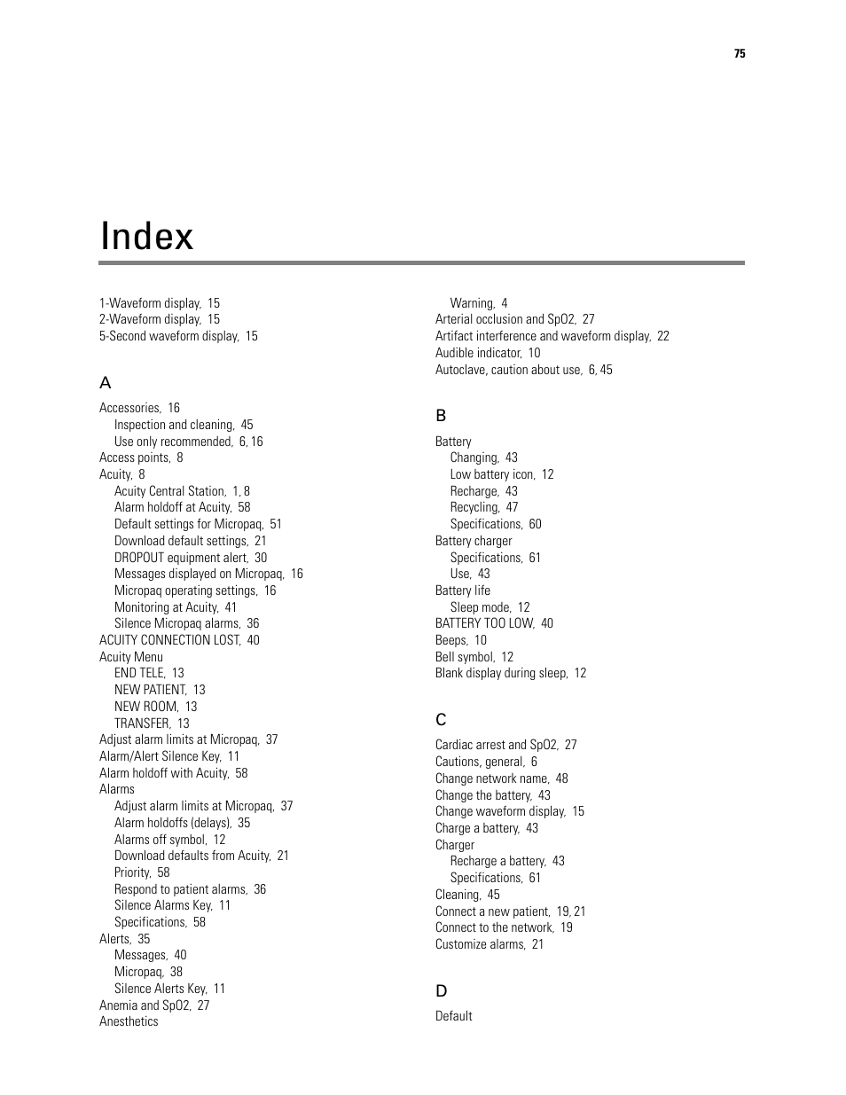 Index | Welch Allyn 408 Micropaq Monitor - User Manual User Manual | Page 79 / 82