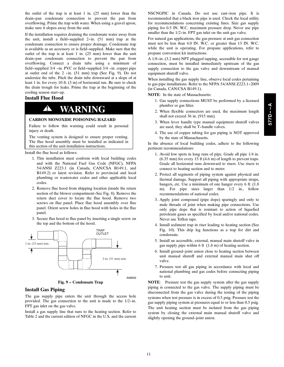 Warning, Install flue hood, Install gas piping | Bryant EVOLUTION 577D----A User Manual | Page 11 / 40