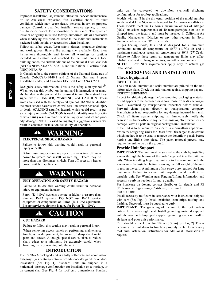 Warning, Caution, Safety considerations | Introduction, Receiving and installation | Bryant EVOLUTION 577D----A User Manual | Page 2 / 40