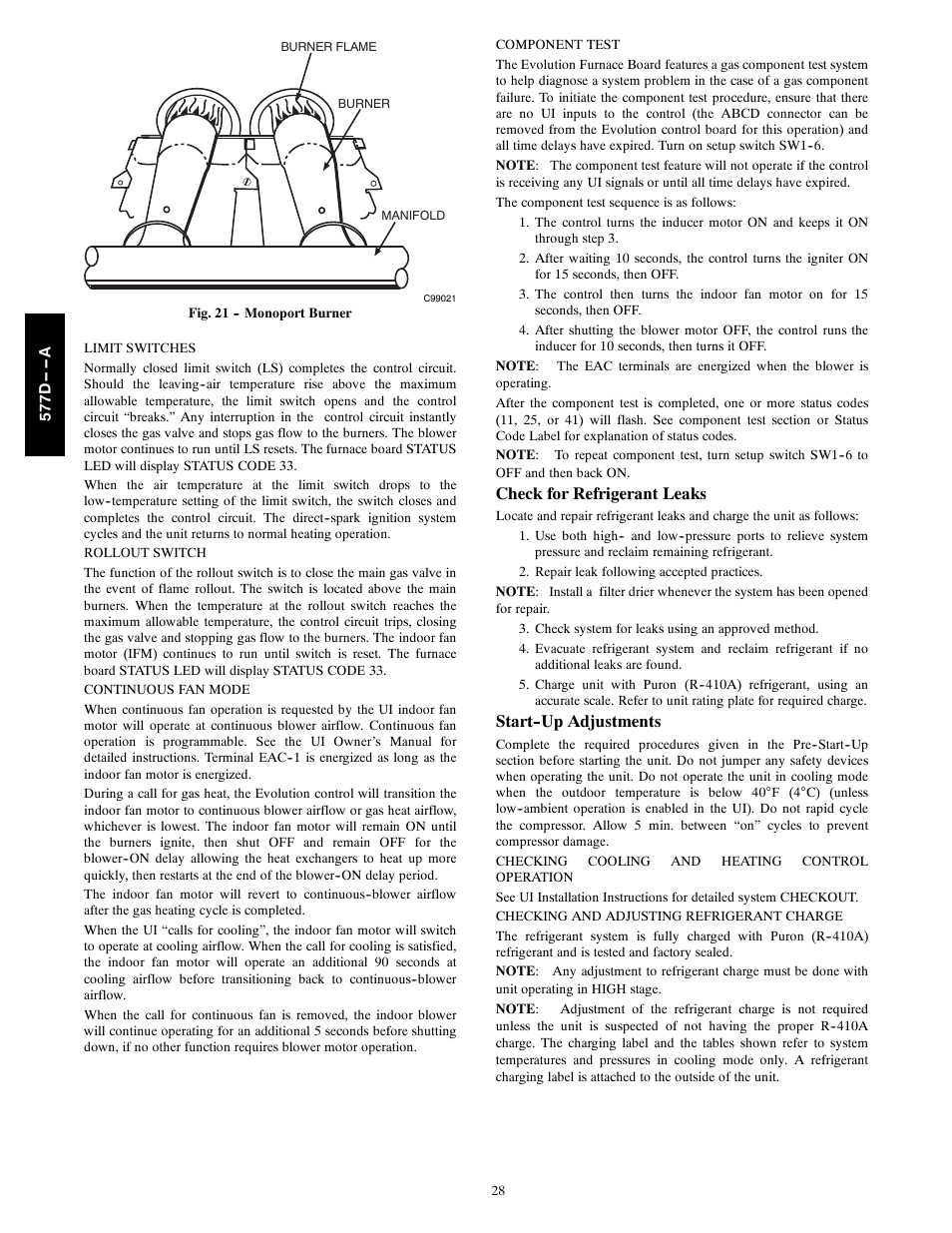 Check for refrigerant leaks, Start--up adjustments | Bryant EVOLUTION 577D----A User Manual | Page 28 / 40