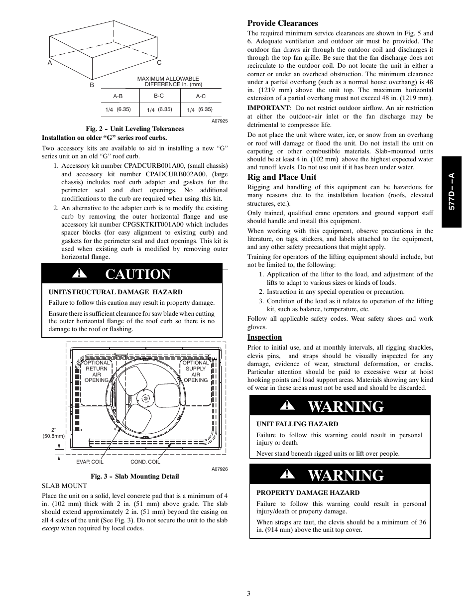 Warning, Caution, Provide clearances | Rig and place unit | Bryant EVOLUTION 577D----A User Manual | Page 3 / 40