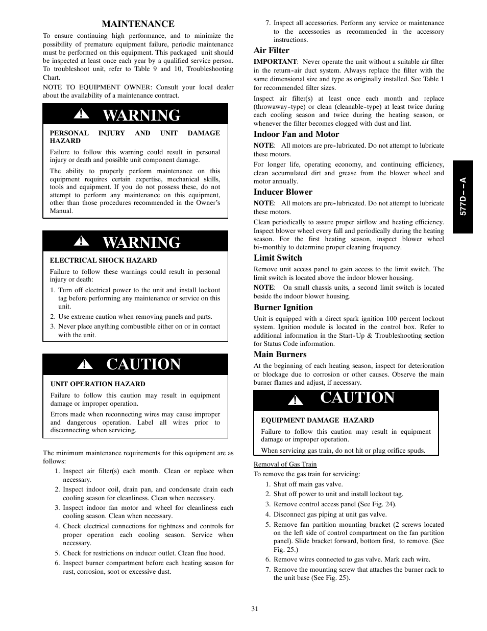 Warning, Caution | Bryant EVOLUTION 577D----A User Manual | Page 31 / 40