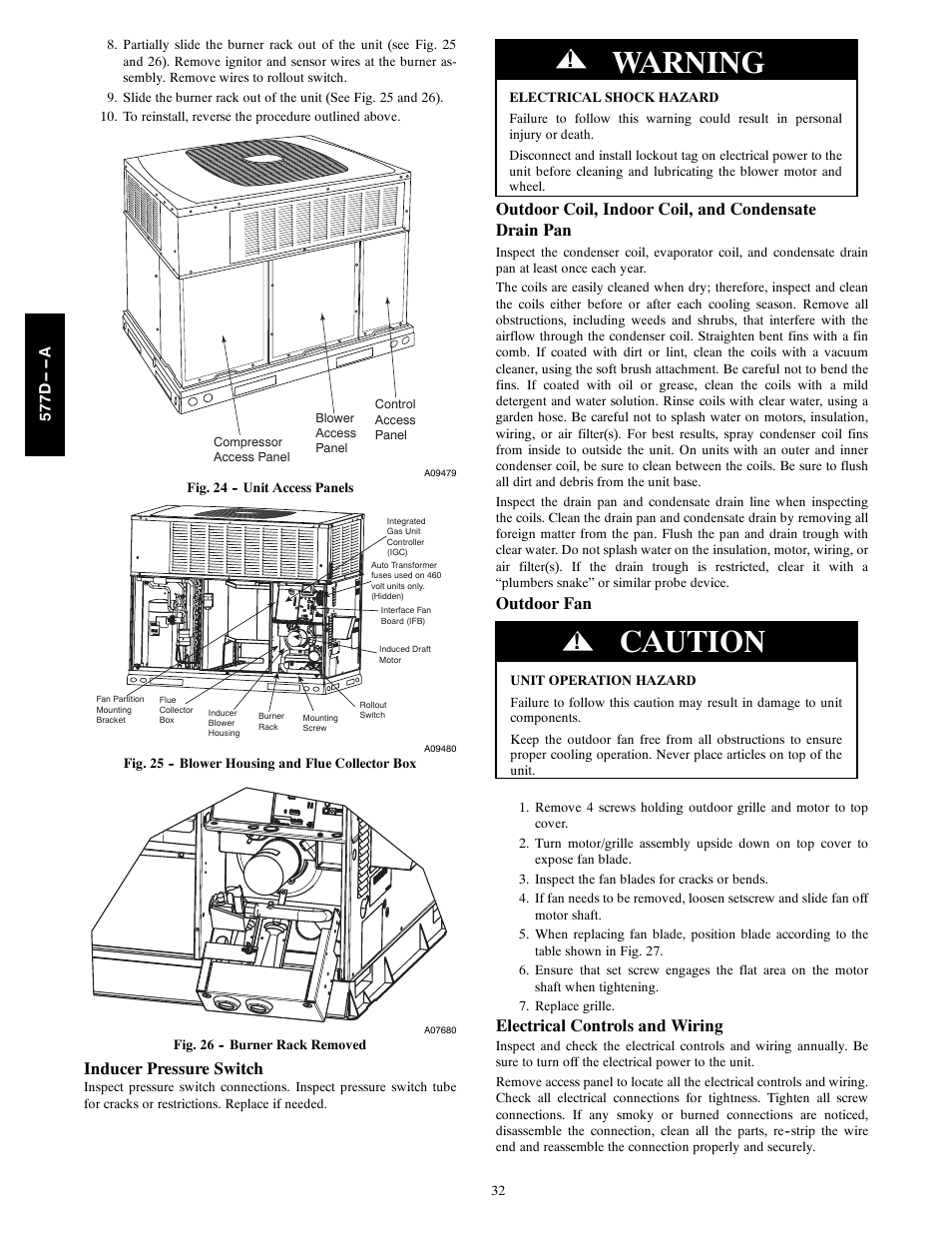 Warning, Caution, Inducer pressure switch | Outdoor fan, Electrical controls and wiring | Bryant EVOLUTION 577D----A User Manual | Page 32 / 40