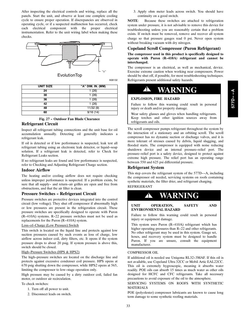 Warning, Refrigerant circuit, Indoor airflow | Pressure switches -- refrigerant circuit, Copeland scroll compressor (puron refrigerant), Refrigerant system | Bryant EVOLUTION 577D----A User Manual | Page 33 / 40