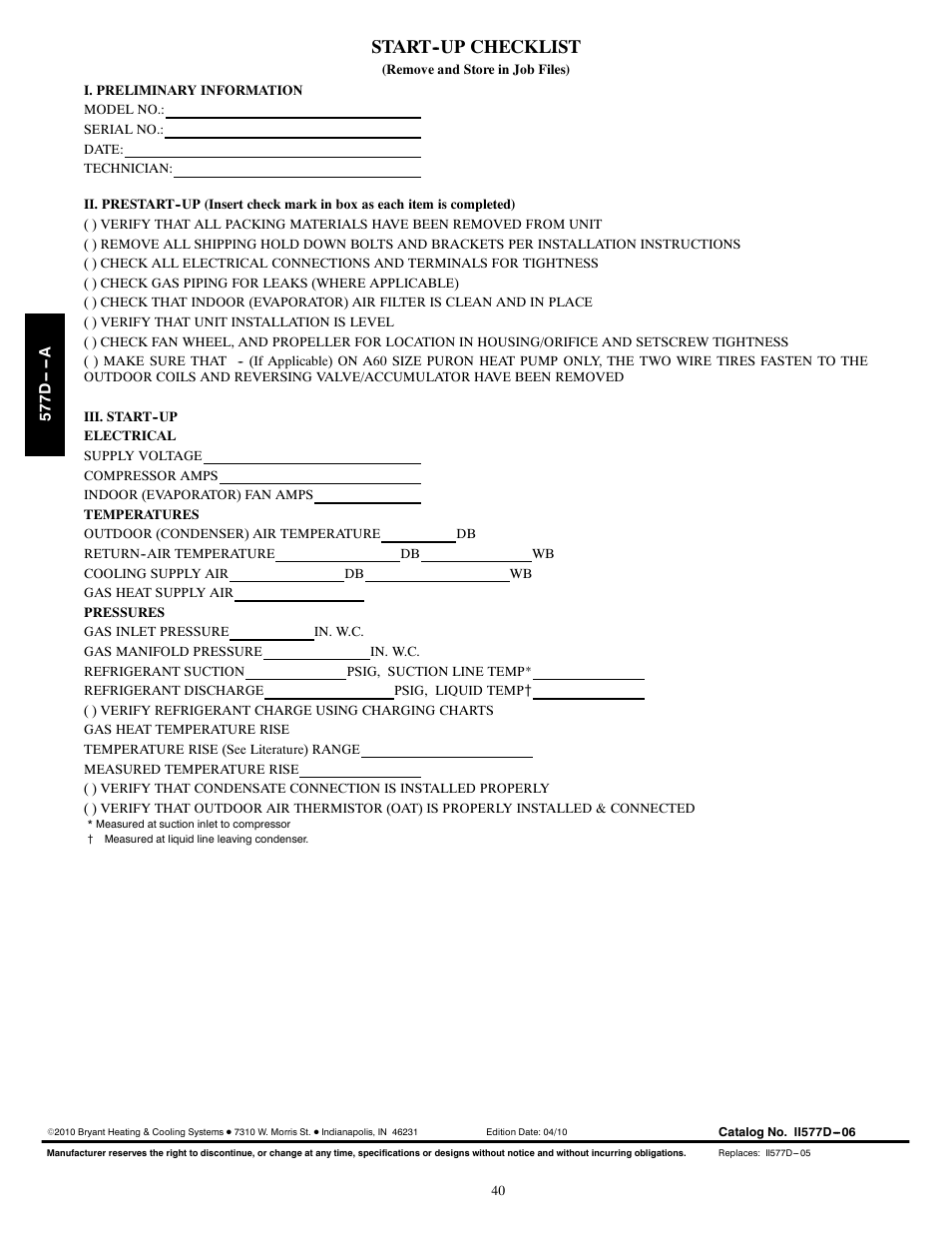 Start--up checklist | Bryant EVOLUTION 577D----A User Manual | Page 40 / 40