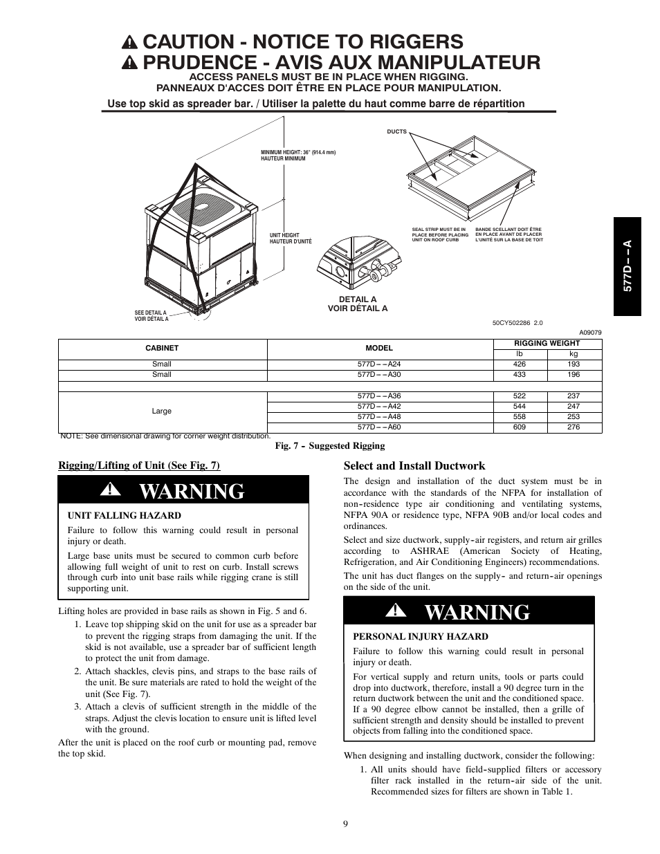 Warning, Select and install ductwork | Bryant EVOLUTION 577D----A User Manual | Page 9 / 40