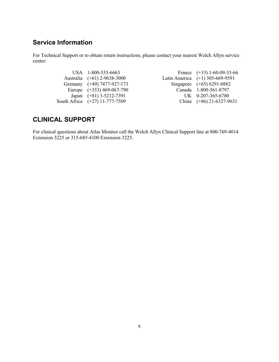 Service information, Clinical support | Welch Allyn Atlas Monitor - User Manual User Manual | Page 10 / 108
