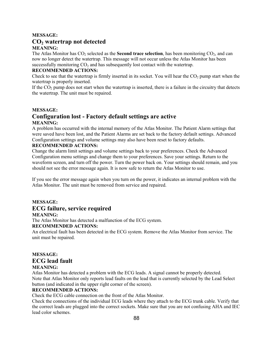 Watertrap not detected, Ecg failure, service required, Ecg lead fault | Welch Allyn Atlas Monitor - User Manual User Manual | Page 100 / 108