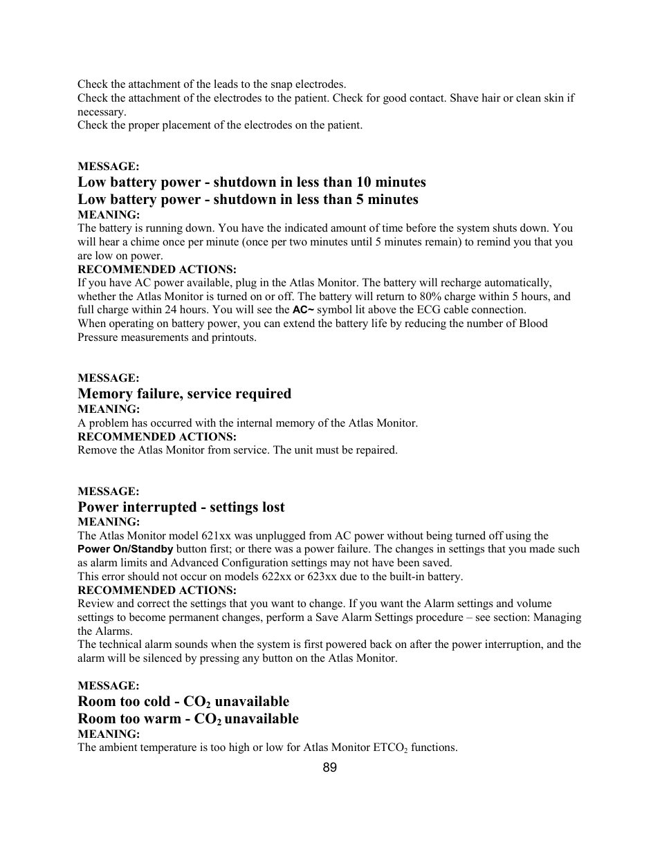 Power interrupted - settings lost, Room too cold - co, Unavailable room too warm - co | Unavailable | Welch Allyn Atlas Monitor - User Manual User Manual | Page 101 / 108