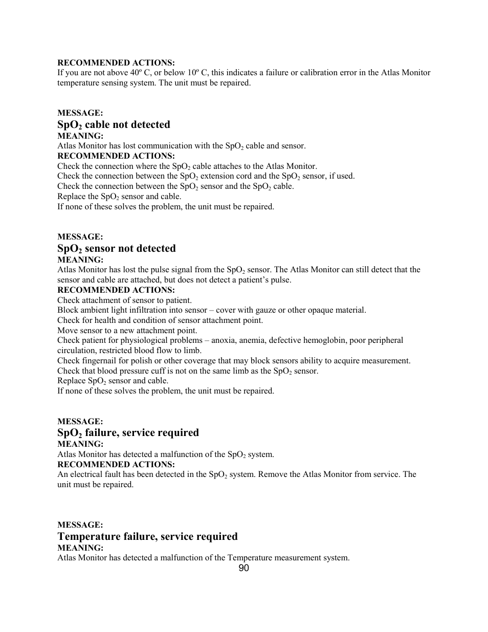 Cable not detected, Sensor not detected, Failure, service required | Temperature failure, service required | Welch Allyn Atlas Monitor - User Manual User Manual | Page 102 / 108
