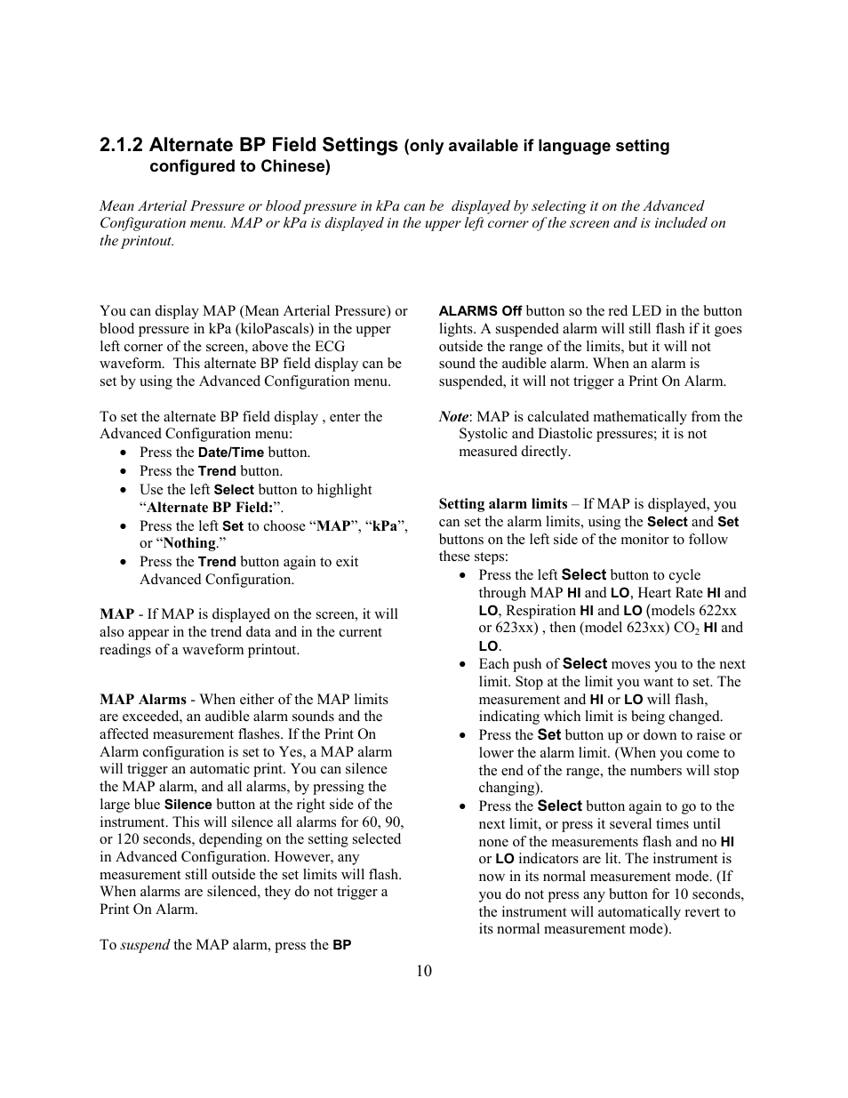 2 alternate bp field settings | Welch Allyn Atlas Monitor - User Manual User Manual | Page 22 / 108