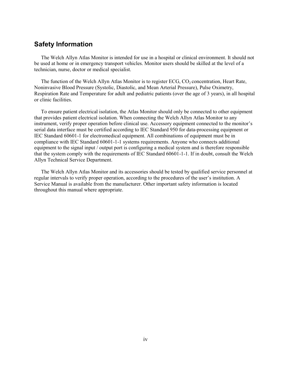 Safety information | Welch Allyn Atlas Monitor - User Manual User Manual | Page 4 / 108