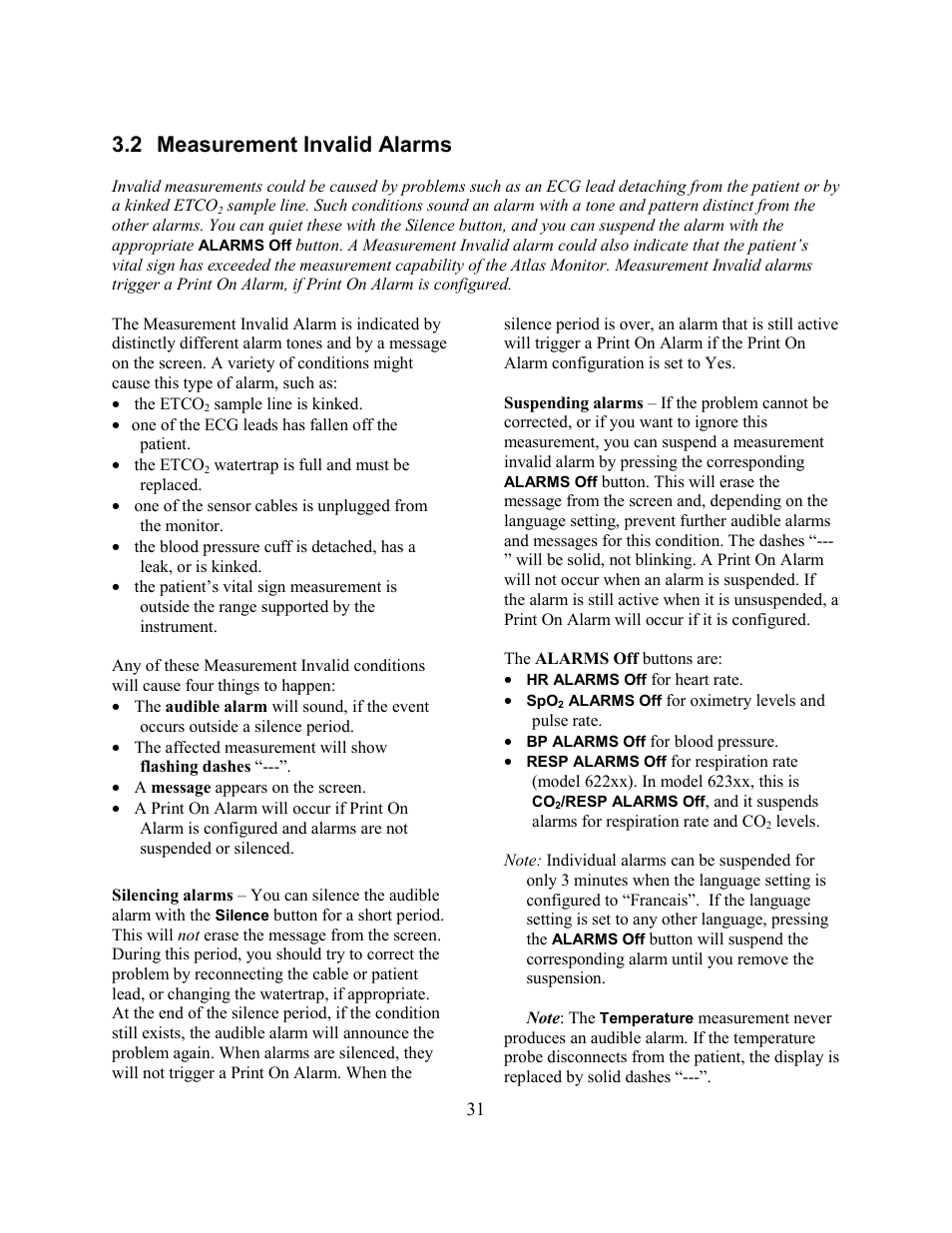 2 measurement invalid alarms | Welch Allyn Atlas Monitor - User Manual User Manual | Page 43 / 108