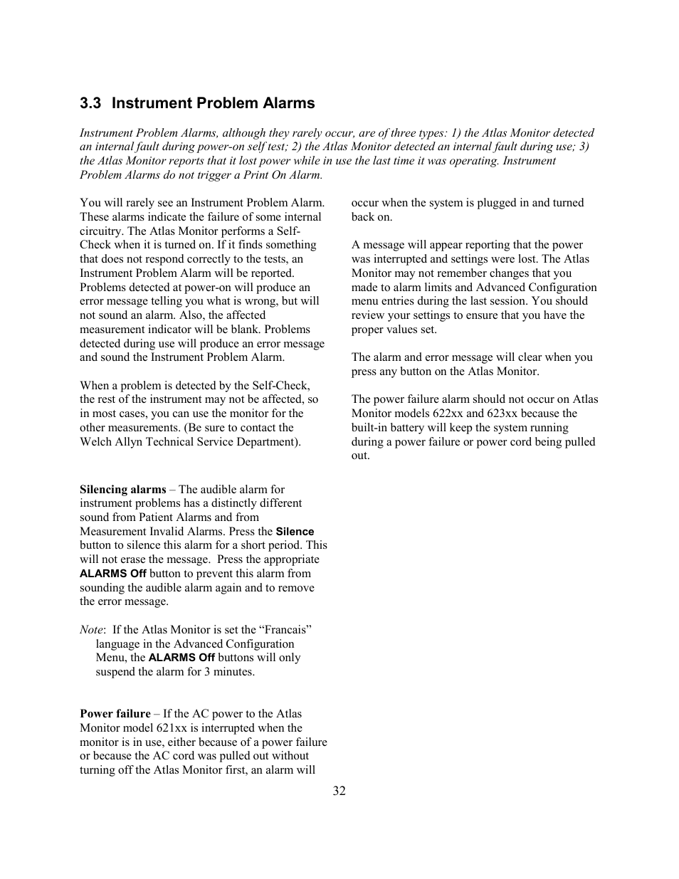 3 instrument problem alarms | Welch Allyn Atlas Monitor - User Manual User Manual | Page 44 / 108