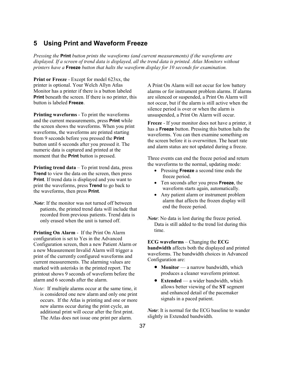 5 using print and waveform freeze | Welch Allyn Atlas Monitor - User Manual User Manual | Page 49 / 108