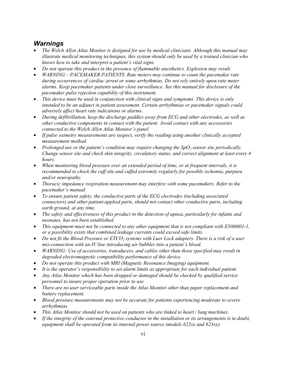 Warnings | Welch Allyn Atlas Monitor - User Manual User Manual | Page 6 / 108