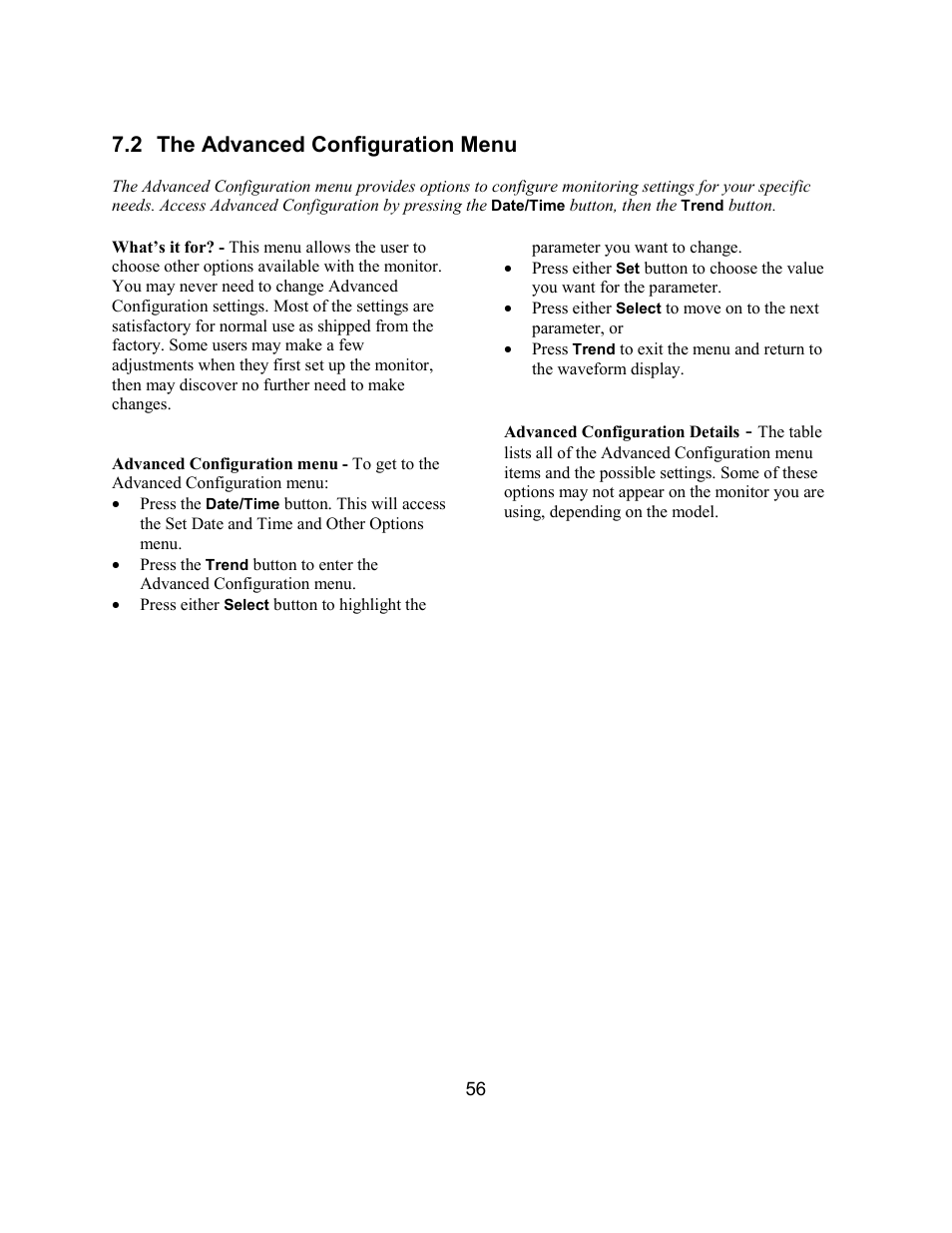 2 the advanced configuration menu | Welch Allyn Atlas Monitor - User Manual User Manual | Page 68 / 108