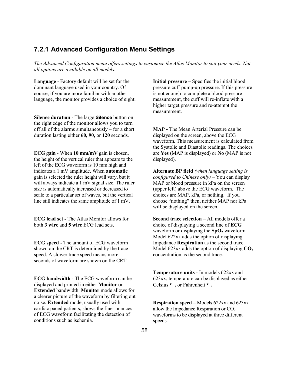 1 advanced configuration menu settings | Welch Allyn Atlas Monitor - User Manual User Manual | Page 70 / 108