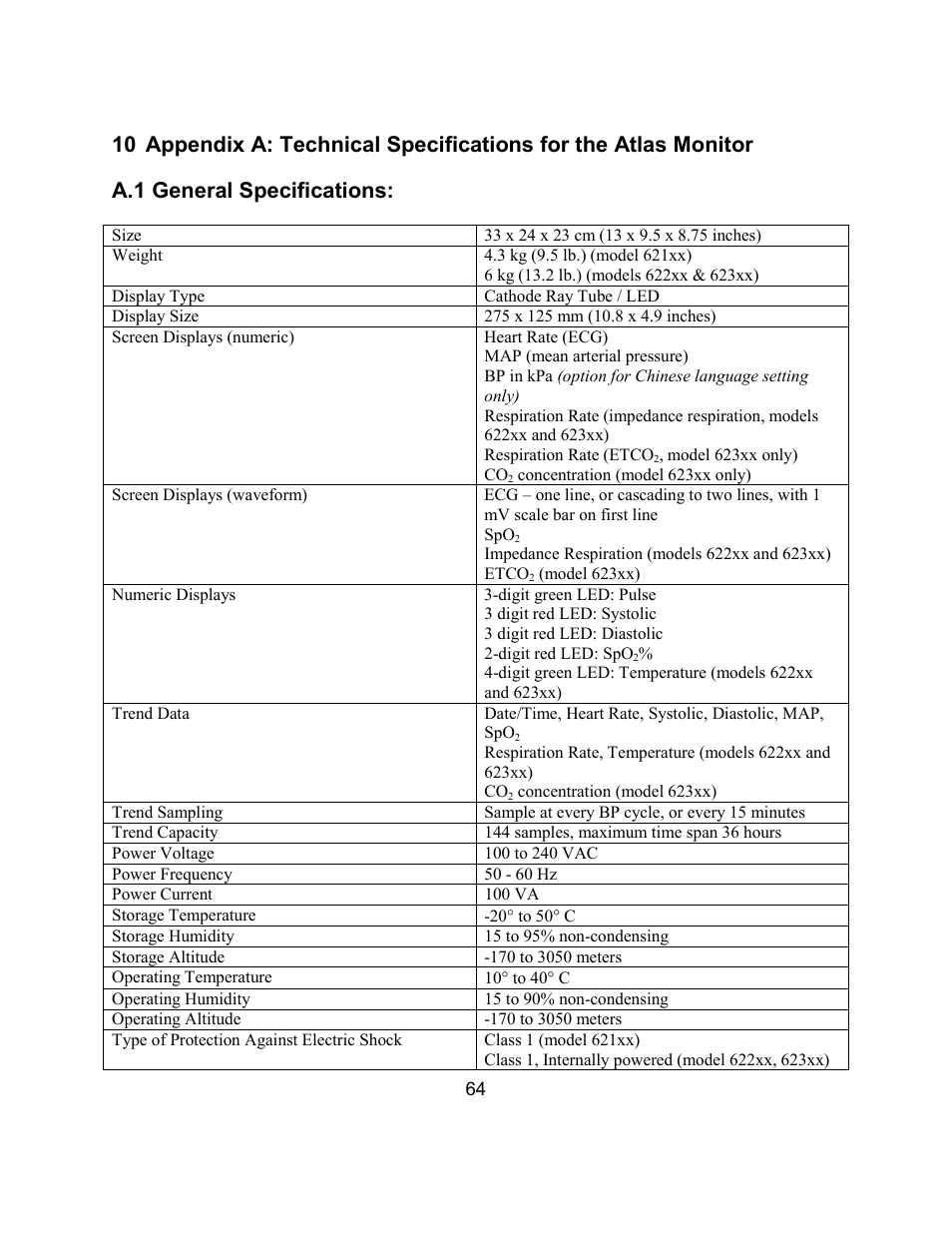 A.1 general specifications | Welch Allyn Atlas Monitor - User Manual User Manual | Page 76 / 108