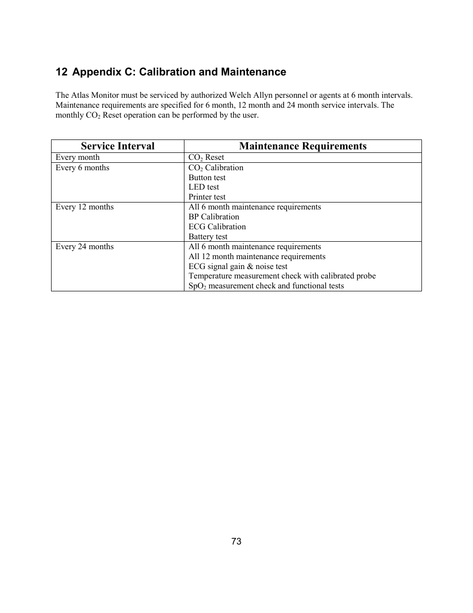 12 appendix c: calibration and maintenance, Service interval maintenance requirements | Welch Allyn Atlas Monitor - User Manual User Manual | Page 85 / 108