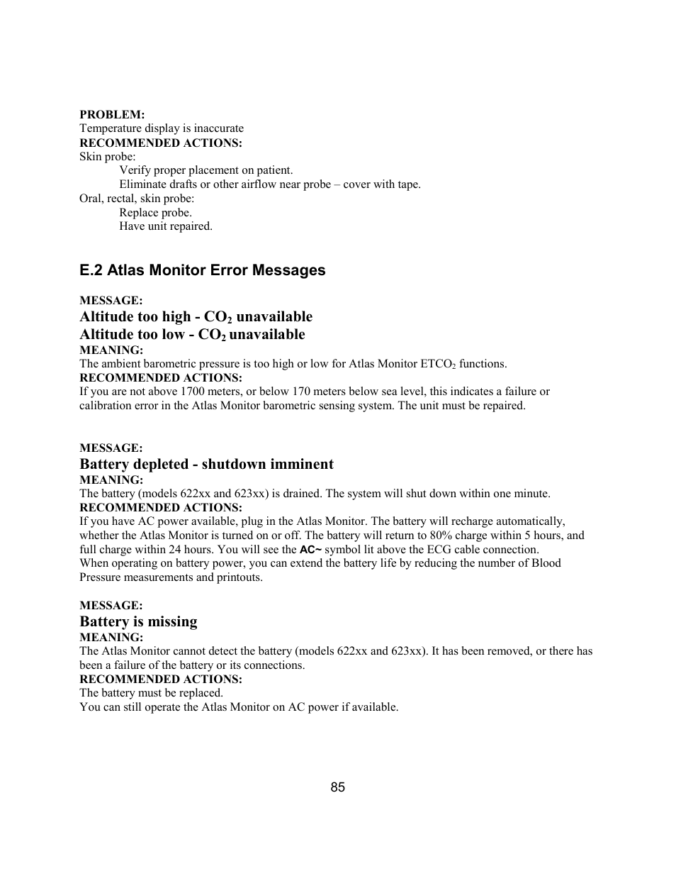 E.2 atlas monitor error messages, Altitude too high - co, Unavailable altitude too low - co | Unavailable, Battery depleted - shutdown imminent, Battery is missing | Welch Allyn Atlas Monitor - User Manual User Manual | Page 97 / 108