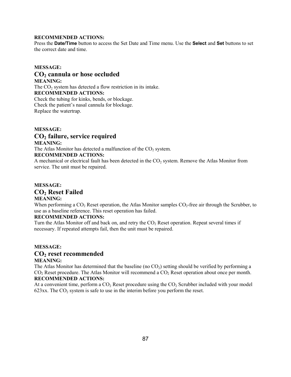 Cannula or hose occluded, Failure, service required, Reset failed | Reset recommended | Welch Allyn Atlas Monitor - User Manual User Manual | Page 99 / 108