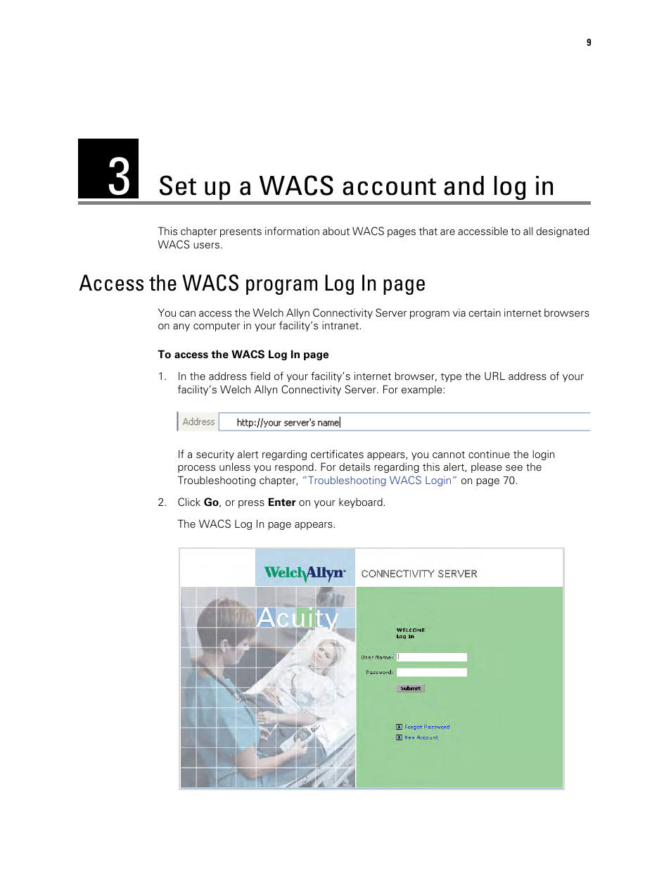 Set up a wacs account and log in, 3 - set up a wacs account and log in, Access the wacs program log in page | Welch Allyn Connectivity Server - User Manual User Manual | Page 13 / 96