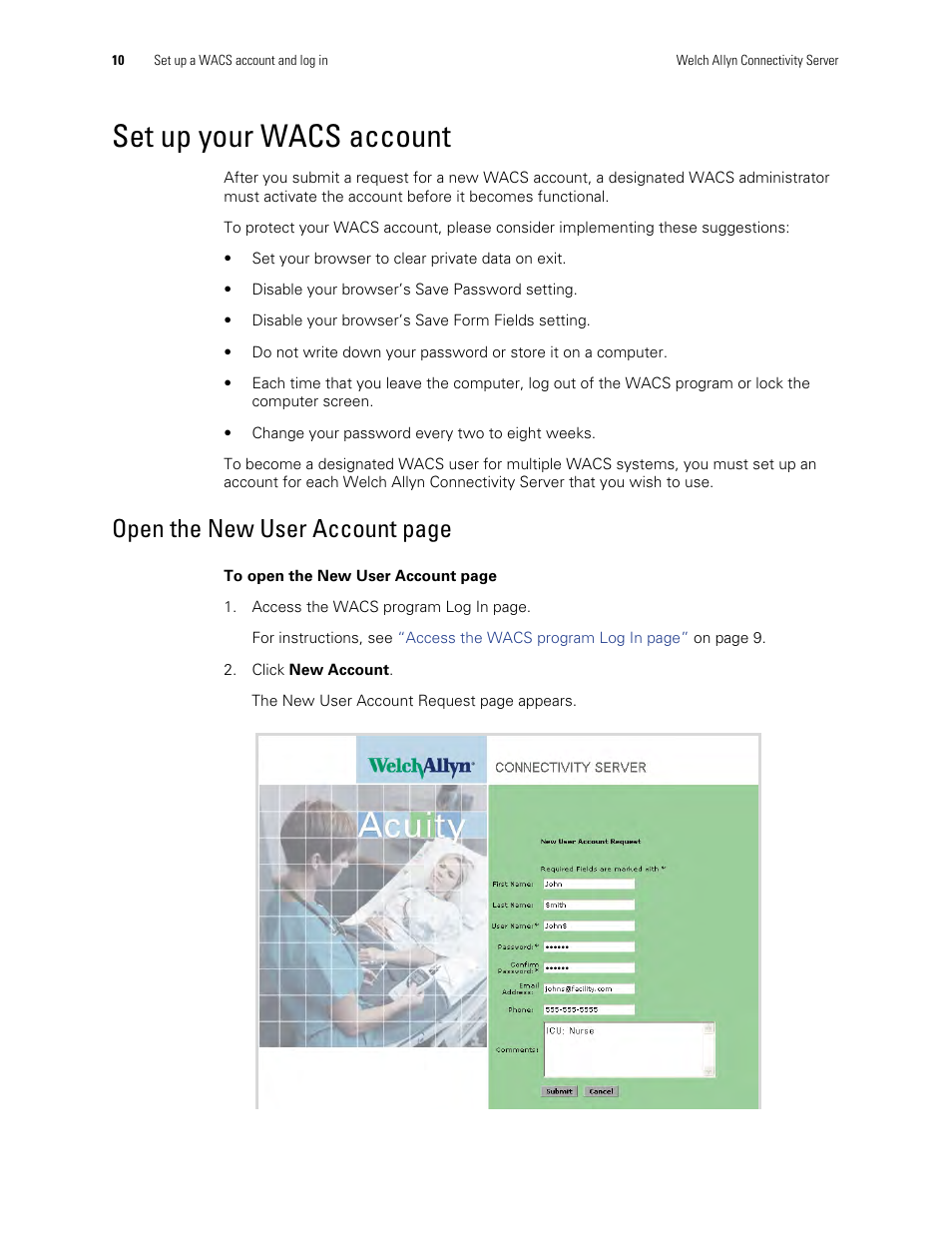 Set up your wacs account, Open the new user account page | Welch Allyn Connectivity Server - User Manual User Manual | Page 14 / 96