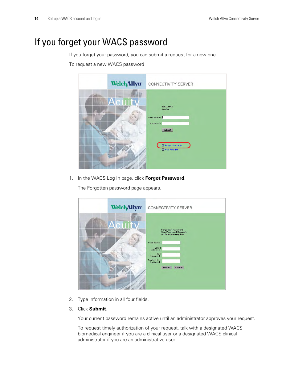 If you forget your wacs password, If you forget your, Wacs password | Welch Allyn Connectivity Server - User Manual User Manual | Page 18 / 96