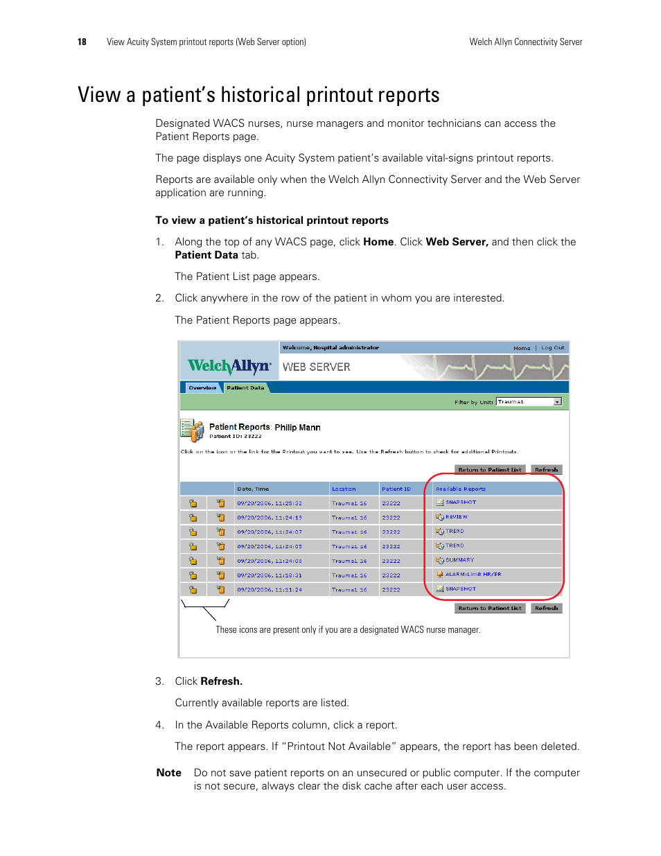 View a patient’s historical printout reports | Welch Allyn Connectivity Server - User Manual User Manual | Page 22 / 96