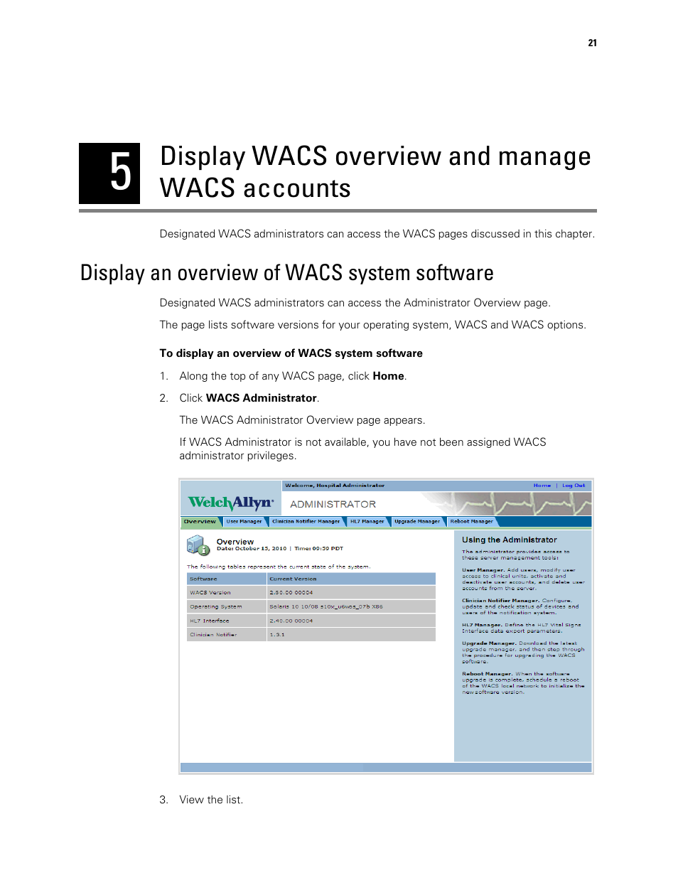 Display wacs overview and manage wacs accounts, Display an overview of wacs system software, 5 - display wacs overview and manage wacs accounts | Welch Allyn Connectivity Server - User Manual User Manual | Page 25 / 96